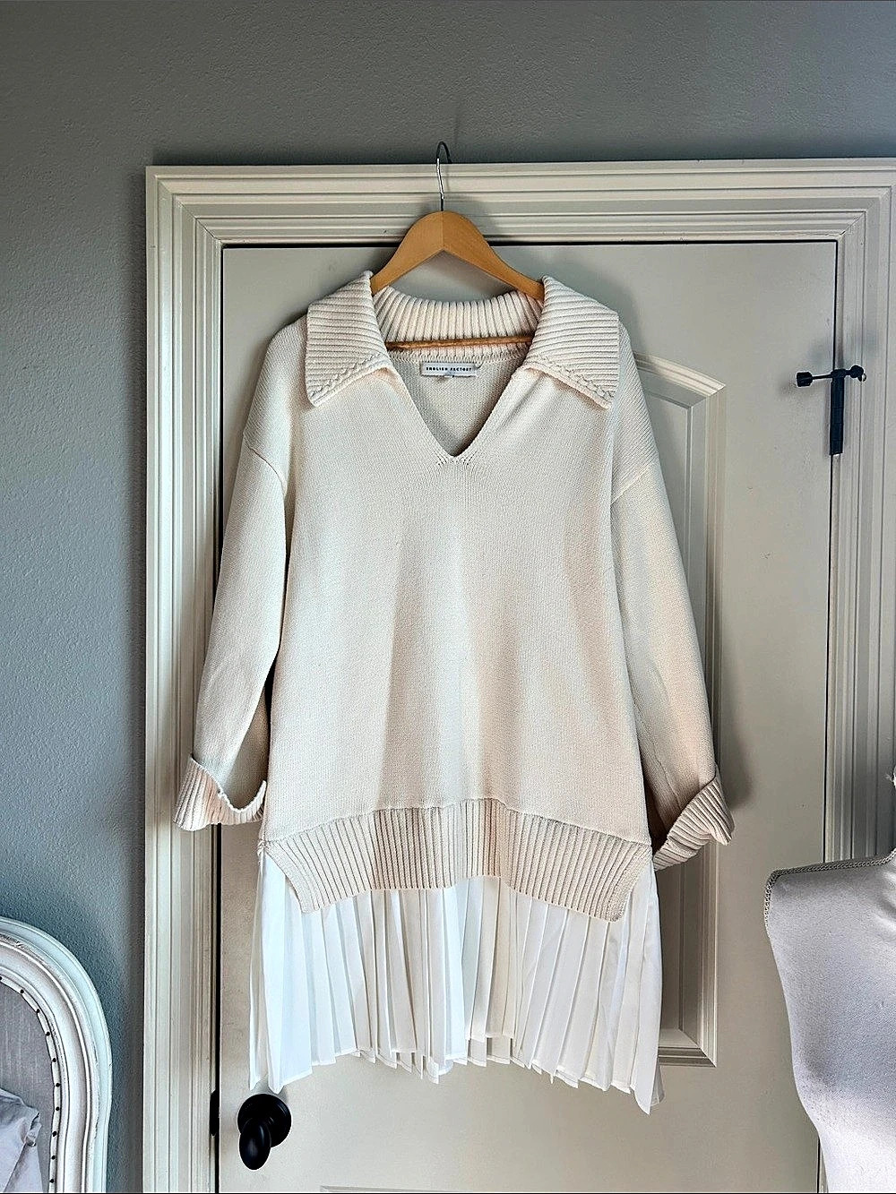 English Factory Cable Knit Pleated Sweater Dress Cream Size Large